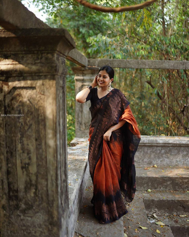 ORANGE PURE SOFT SEMI-SILK SAREE STYLISH BLOUSE PIECE