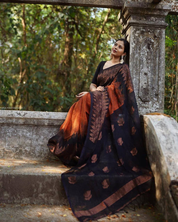 ORANGE PURE SOFT SEMI-SILK SAREE STYLISH BLOUSE PIECE