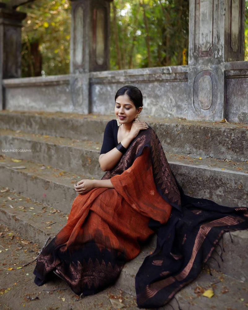 ORANGE PURE SOFT SEMI-SILK SAREE STYLISH BLOUSE PIECE