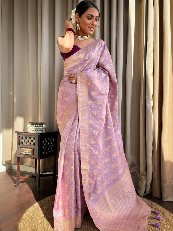 LAVENDER PURPLE PURE SOFT SILK SAREE WITH TWIRLING BLOUSE PIECE