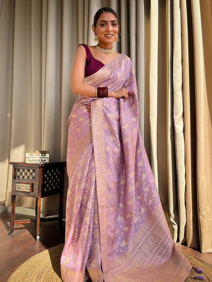 LAVENDER PURPLE PURE SOFT SILK SAREE WITH TWIRLING BLOUSE PIECE