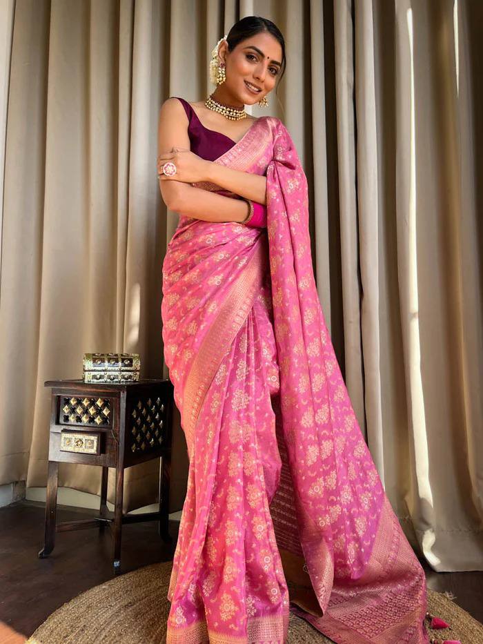 BABY PINK PURE SOFT SILK SAREE WITH TWIRLING BLOUSE PIECE