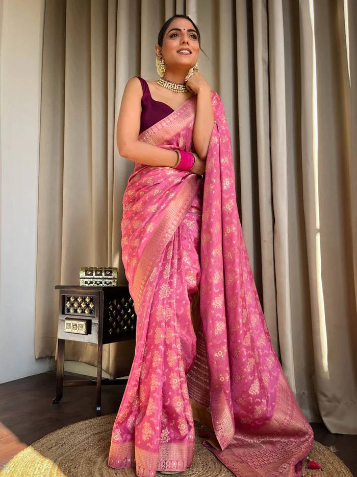 BABY PINK PURE SOFT SILK SAREE WITH TWIRLING BLOUSE PIECE