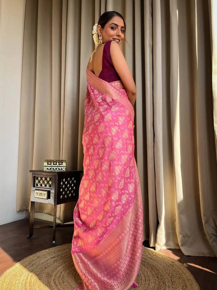 BABY PINK PURE SOFT SILK SAREE WITH TWIRLING BLOUSE PIECE