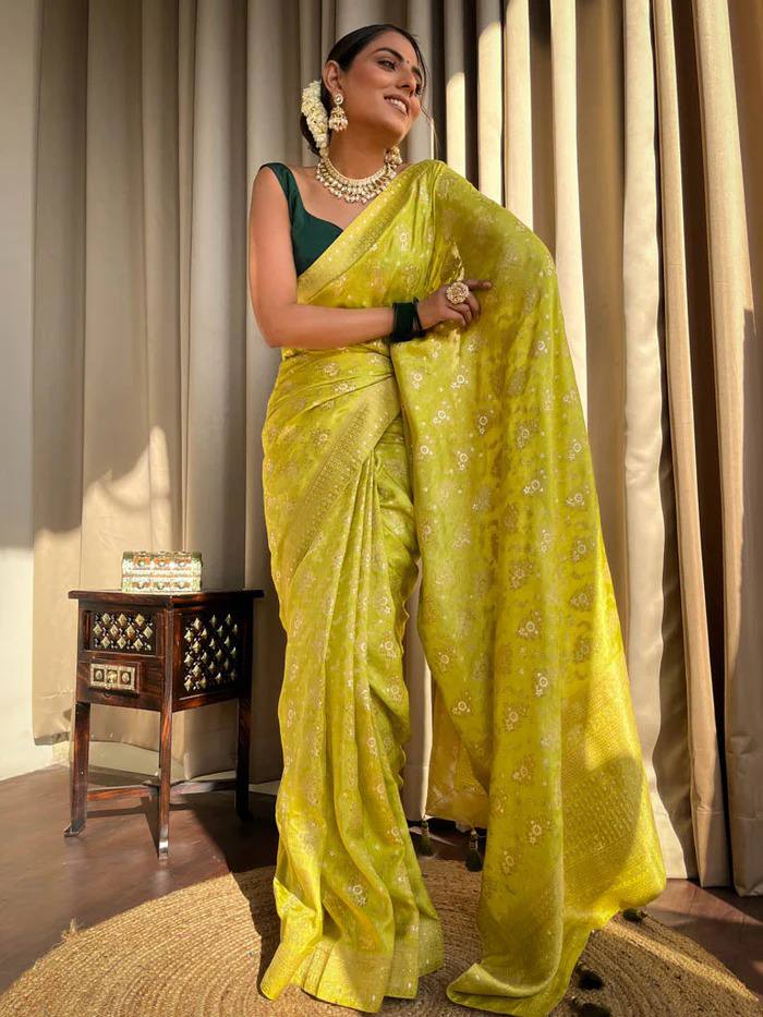 LIGHT MEHENDI GREEN PURE SOFT SILK SAREE WITH TWIRLING BLOUSE PIECE