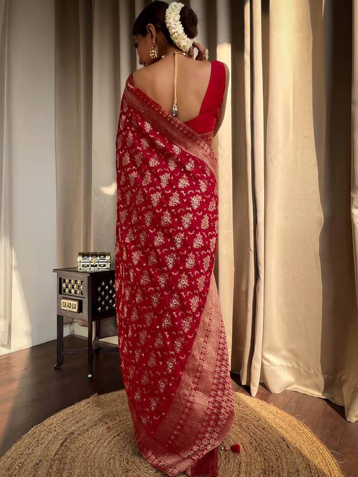 RED PURE SOFT SILK SAREE WITH TWIRLING BLOUSE PIECE