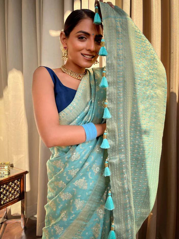 Turquoise Green Banarasi Soft Silk Saree with Copper Zari Weaving and Brocade Blouse