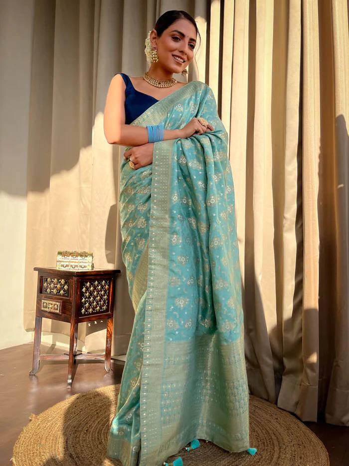 Turquoise Green Banarasi Soft Silk Saree with Copper Zari Weaving and Brocade Blouse