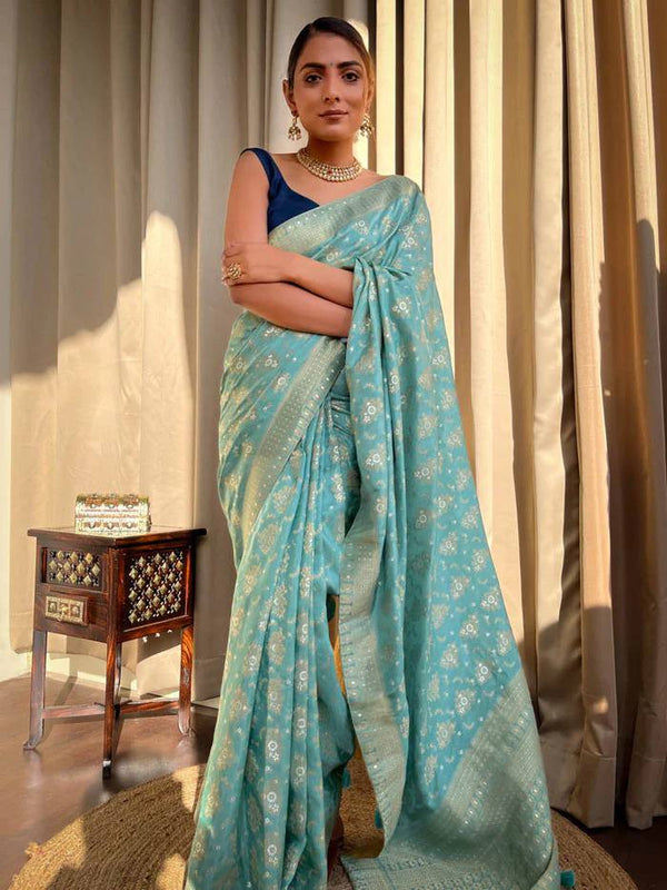 Turquoise Green Banarasi Soft Silk Saree with Copper Zari Weaving and Brocade Blouse