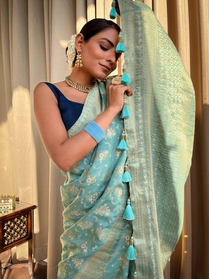 Turquoise Green Banarasi Soft Silk Saree with Copper Zari Weaving and Brocade Blouse