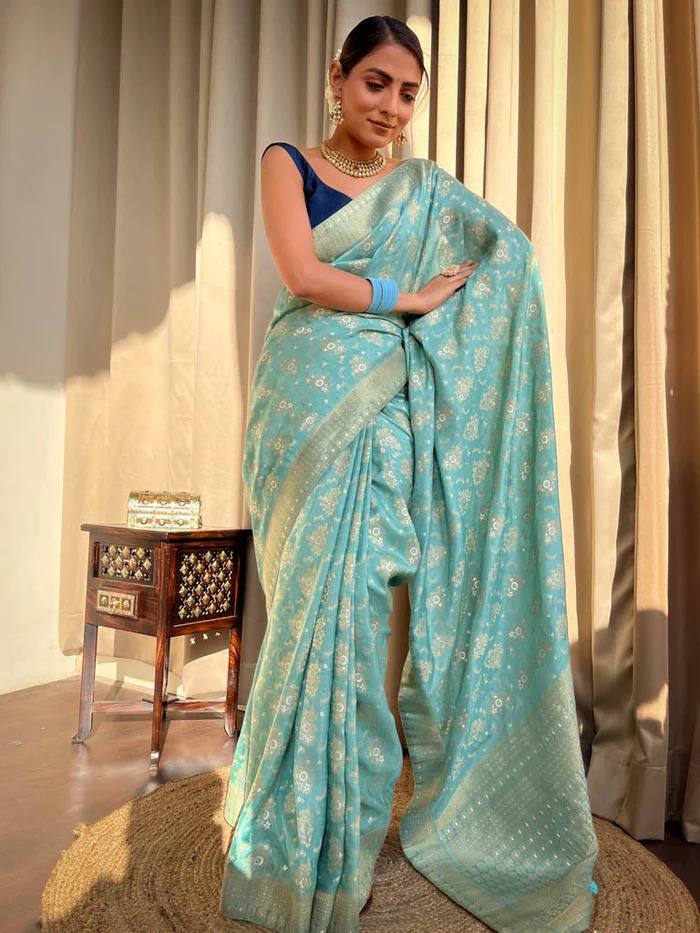 Turquoise Green Banarasi Soft Silk Saree with Copper Zari Weaving and Brocade Blouse