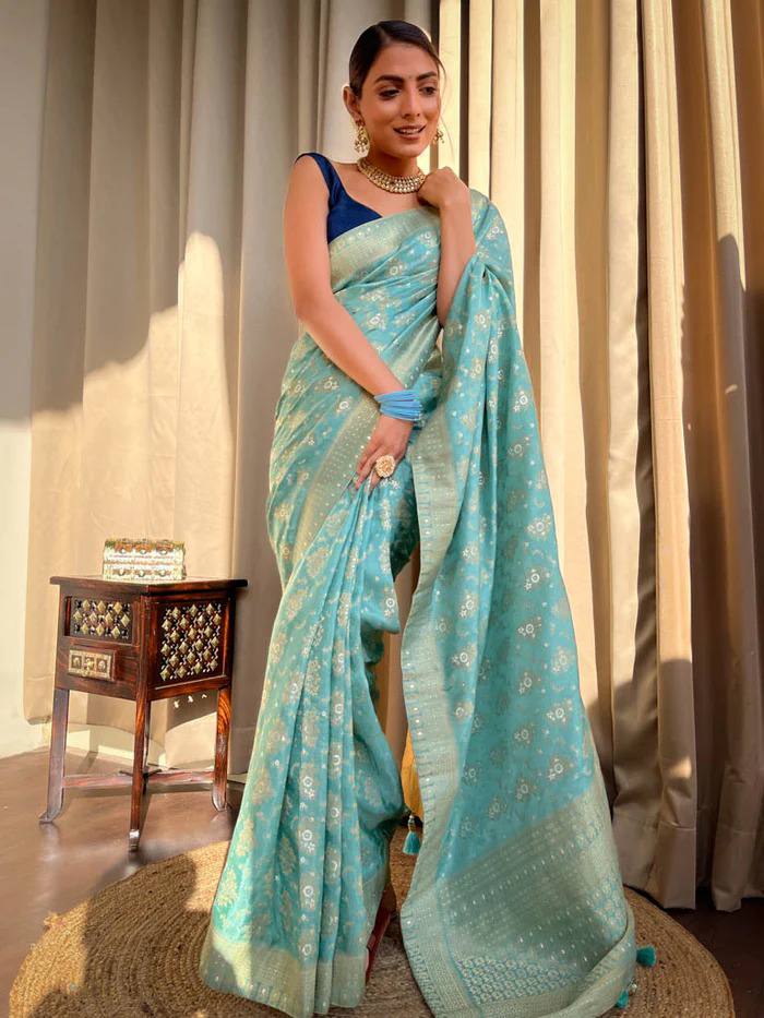 Turquoise Green Banarasi Soft Silk Saree with Copper Zari Weaving and Brocade Blouse