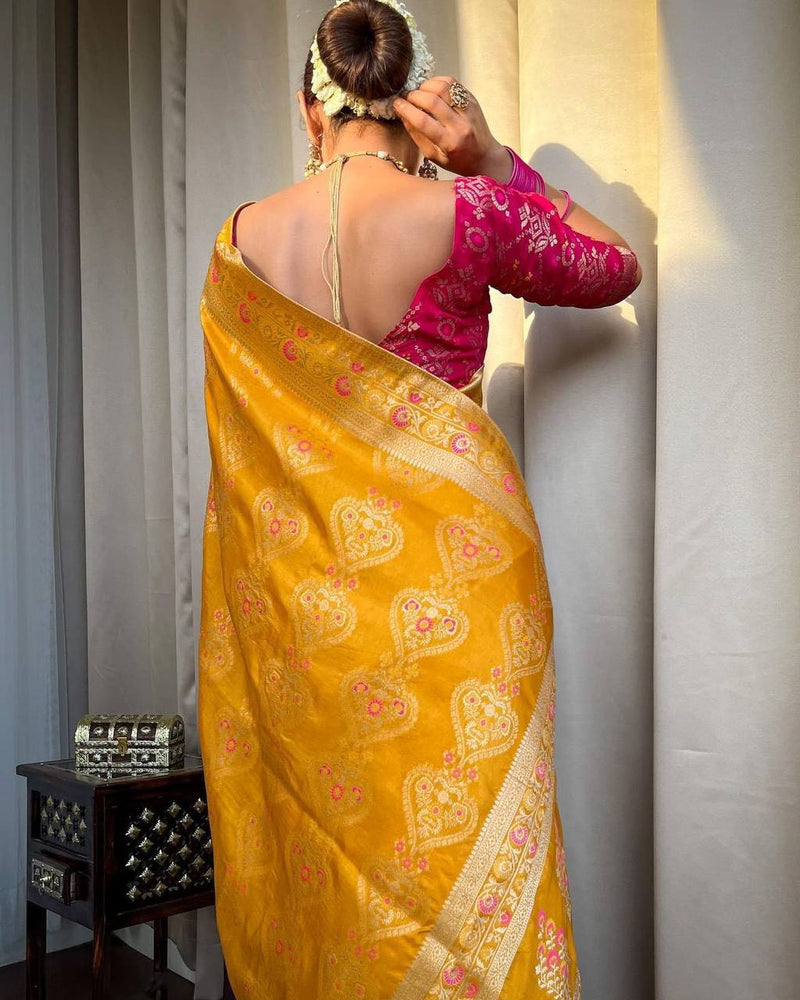 STUNNING YELLOW SAREE WITH HEAVY BROCADE BLOUSE