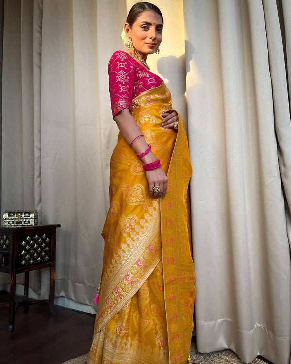 STUNNING YELLOW SAREE WITH HEAVY BROCADE BLOUSE