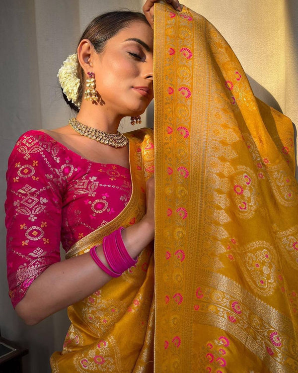 STUNNING YELLOW SAREE WITH HEAVY BROCADE BLOUSE