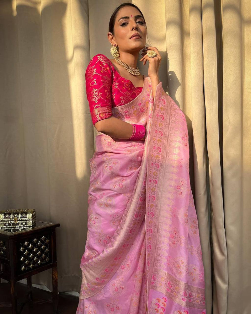 STUNNING ONION PINK SAREE WITH HEAVY BROCADE BLOUSE