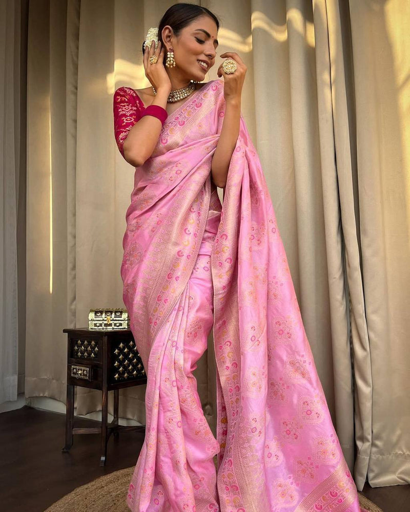 STUNNING ONION PINK SAREE WITH HEAVY BROCADE BLOUSE