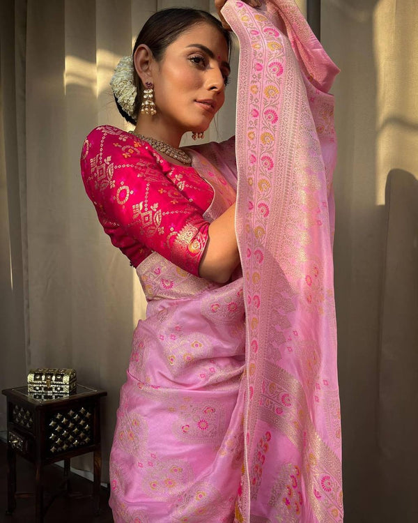 STUNNING ONION PINK SAREE WITH HEAVY BROCADE BLOUSE