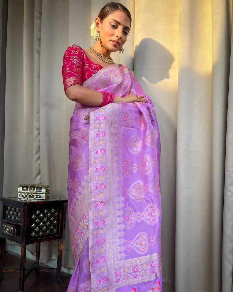 STUNNING LAVENDER SAREE WITH HEAVY BROCADE BLOUSE