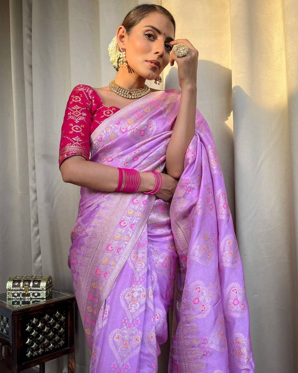 STUNNING LAVENDER SAREE WITH HEAVY BROCADE BLOUSE