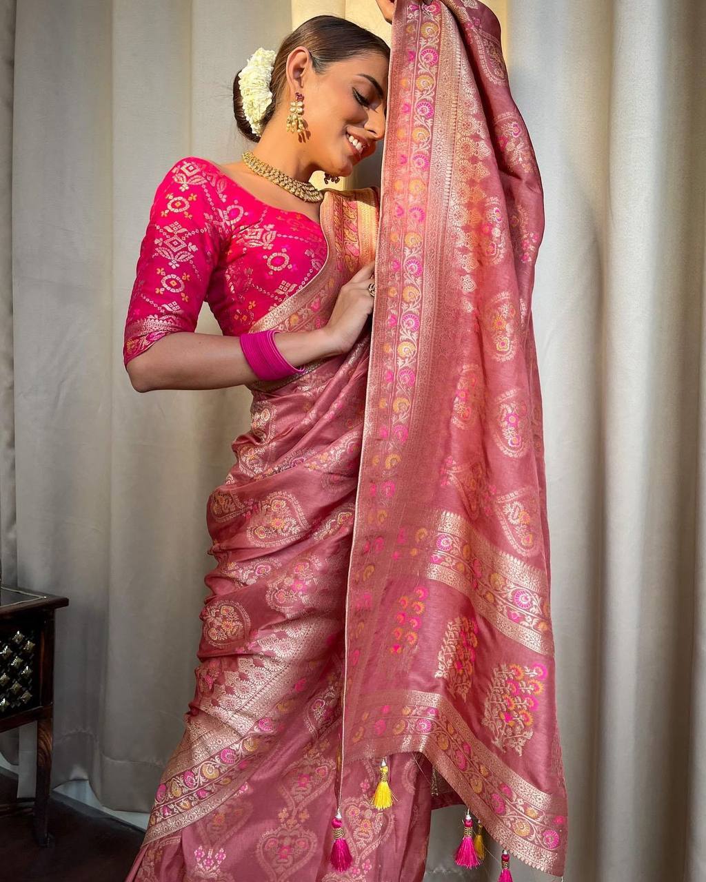 STUNNING ORCHID PINK WITH HEAVY BROCADE BLOUSE