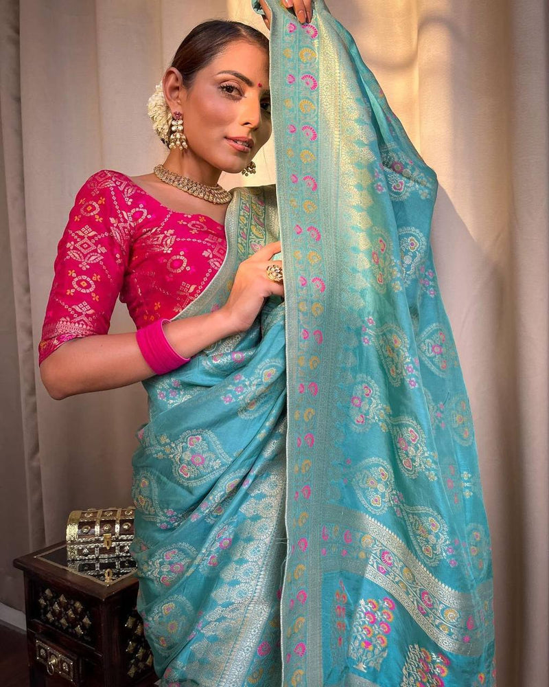 STUNNING TURQUOISE GREEN SAREE WITH HEAVY BROCADE BLOUSE