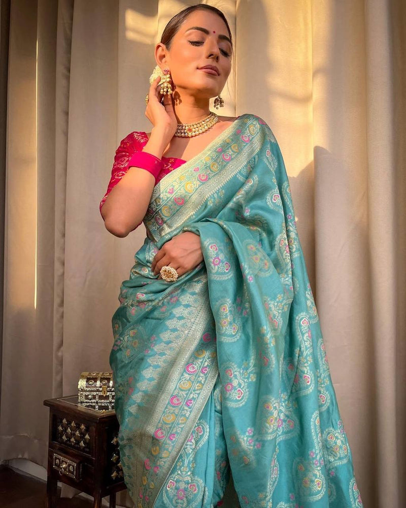 STUNNING TURQUOISE GREEN SAREE WITH HEAVY BROCADE BLOUSE