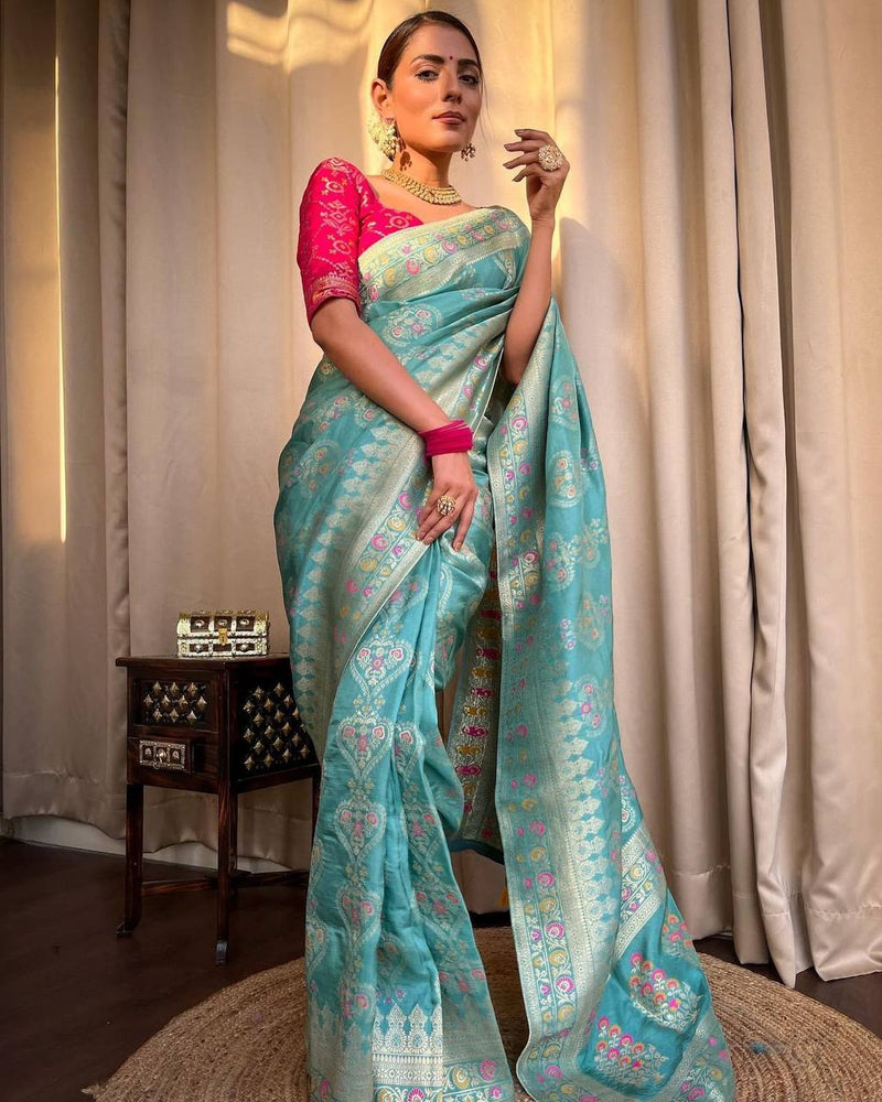 STUNNING TURQUOISE GREEN SAREE WITH HEAVY BROCADE BLOUSE