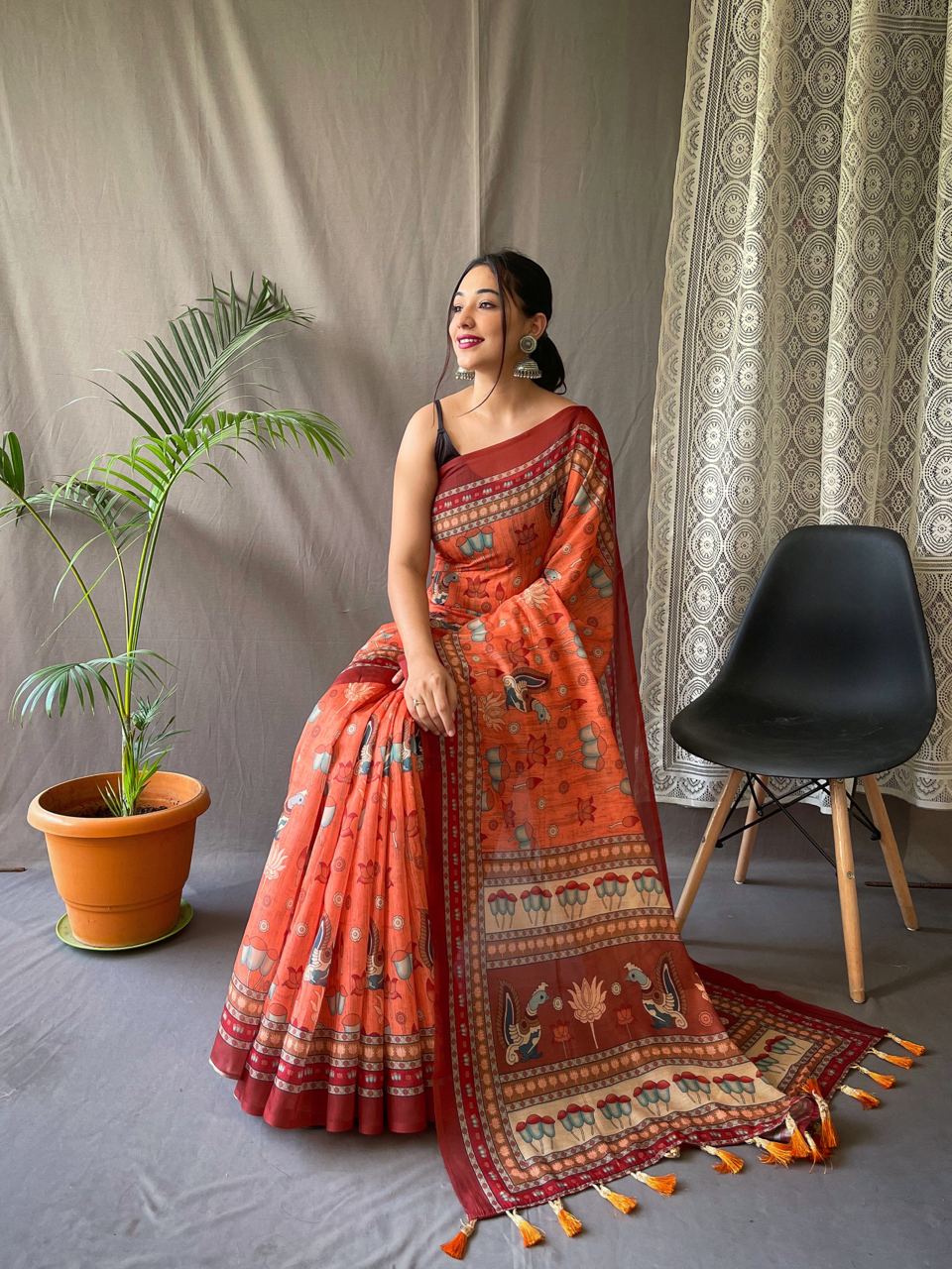 Festival Ready: Orange Pure Malai Cotton Saree with Kalamkari Prints