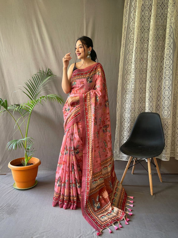 Festival Ready: Orange Pure Malai Cotton Saree with Kalamkari Prints