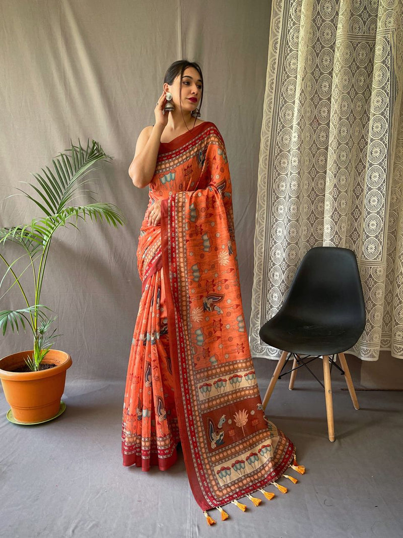 Festival Ready: Orange Pure Malai Cotton Saree with Kalamkari Prints