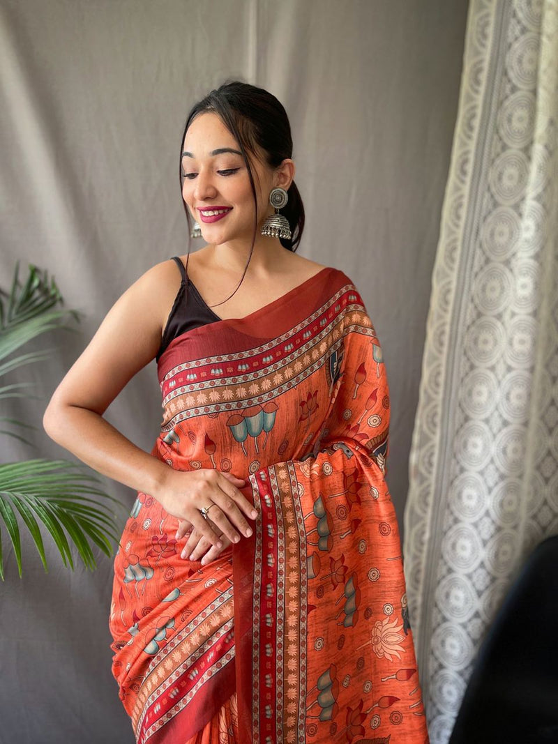 Festival Ready: Orange Pure Malai Cotton Saree with Kalamkari Prints