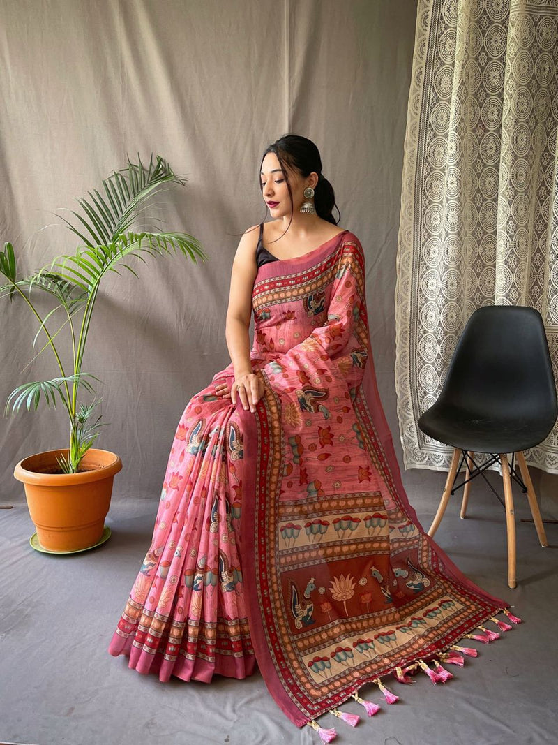 Festival Ready: Orange Pure Malai Cotton Saree with Kalamkari Prints