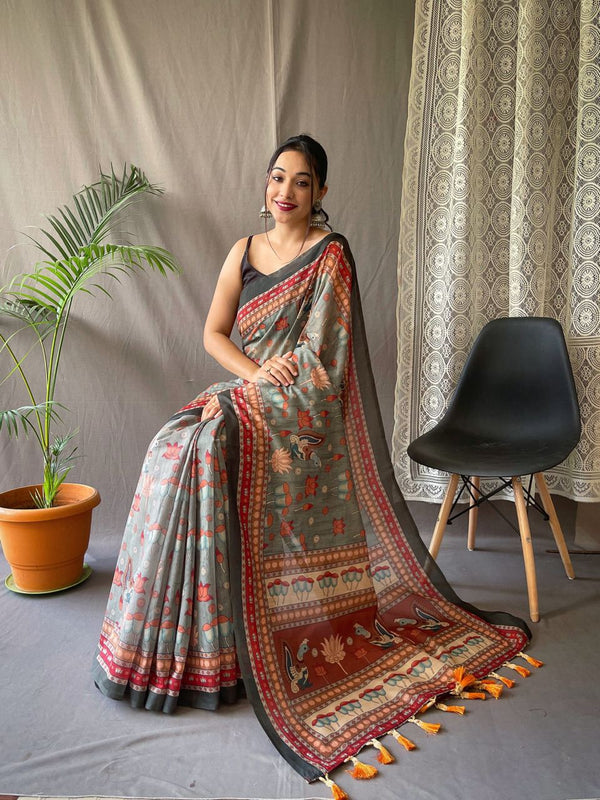 Festival Ready: Orange Pure Malai Cotton Saree with Kalamkari Prints