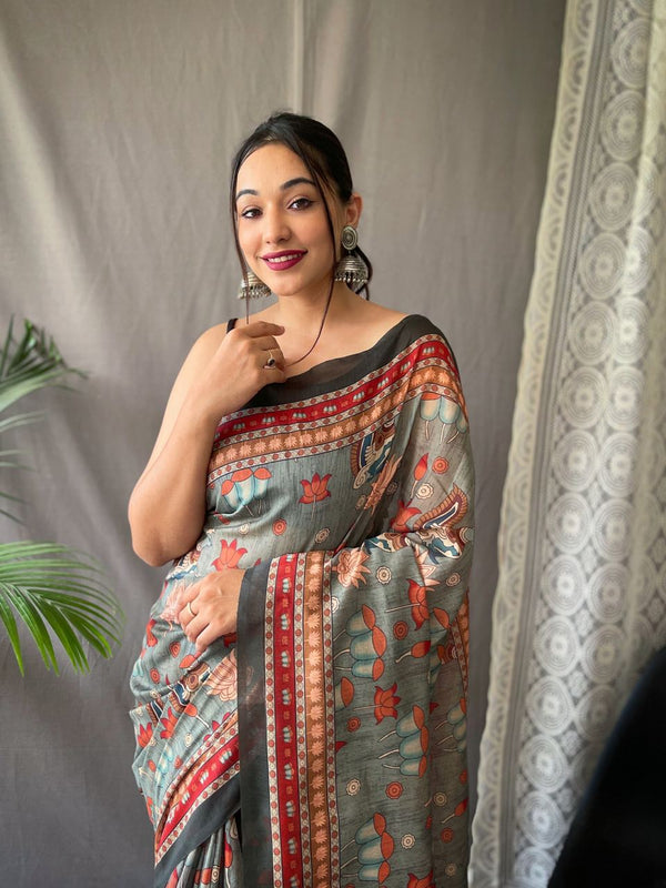 Festival Ready: Orange Pure Malai Cotton Saree with Kalamkari Prints