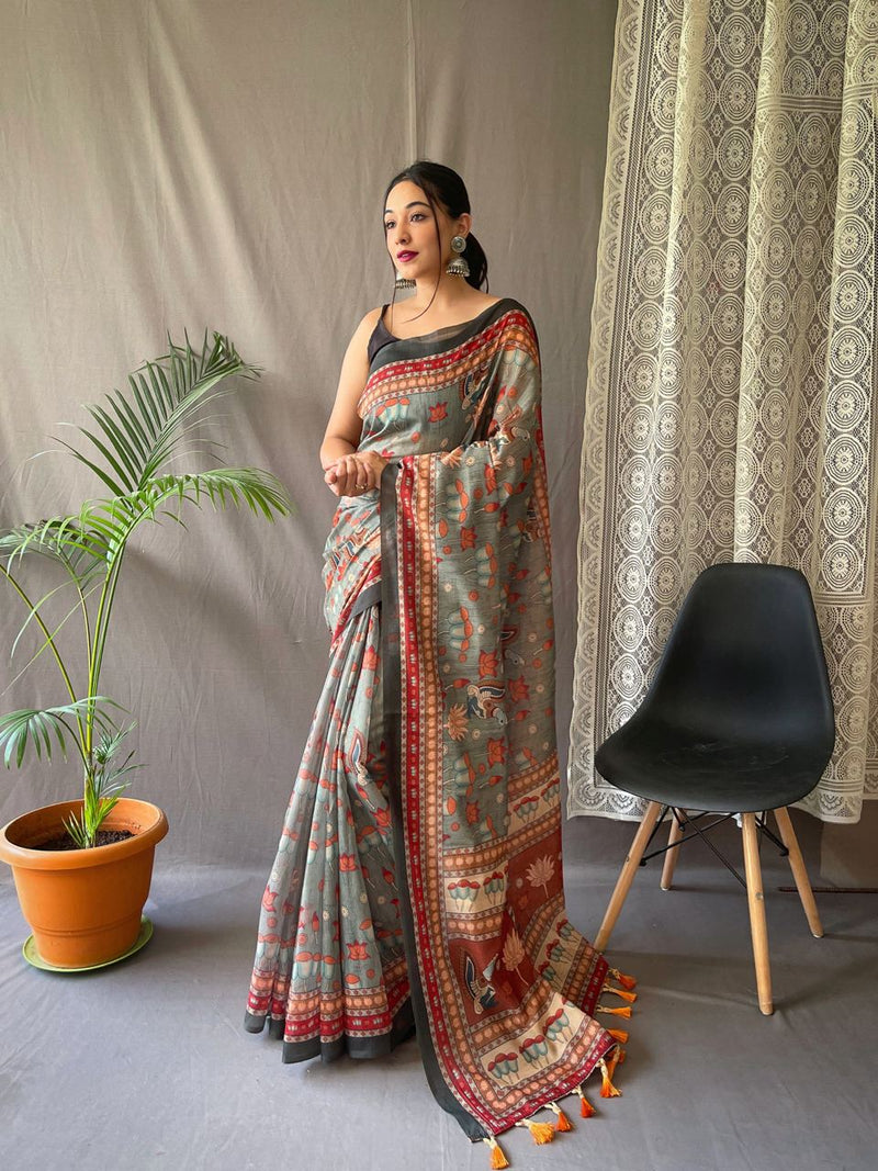 Festival Ready: Orange Pure Malai Cotton Saree with Kalamkari Prints