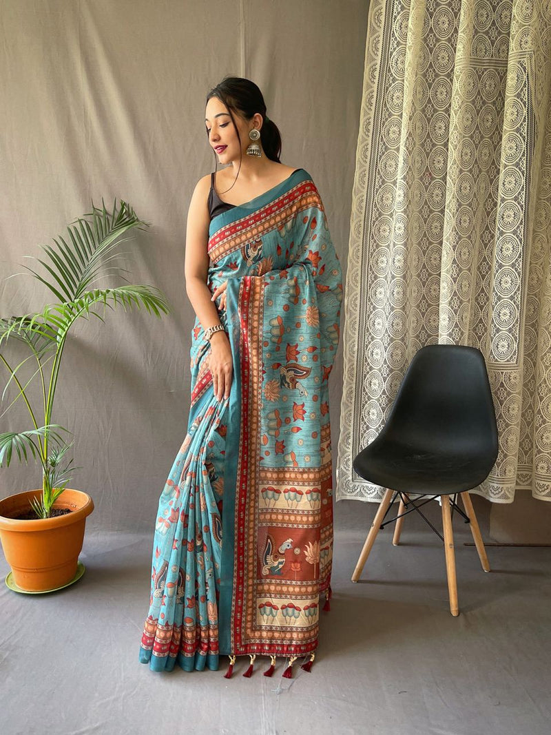 Festival Ready: Orange Pure Malai Cotton Saree with Kalamkari Prints