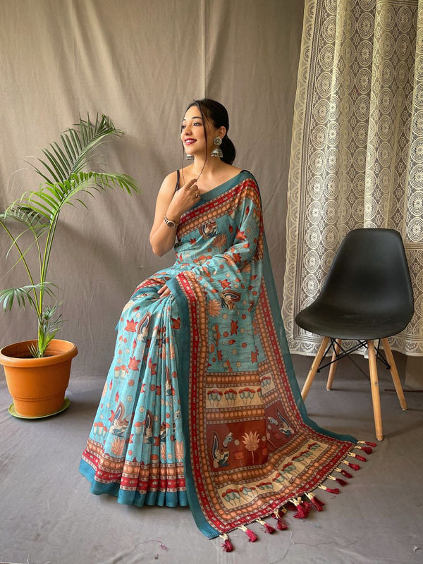 Festival Ready: Orange Pure Malai Cotton Saree with Kalamkari Prints