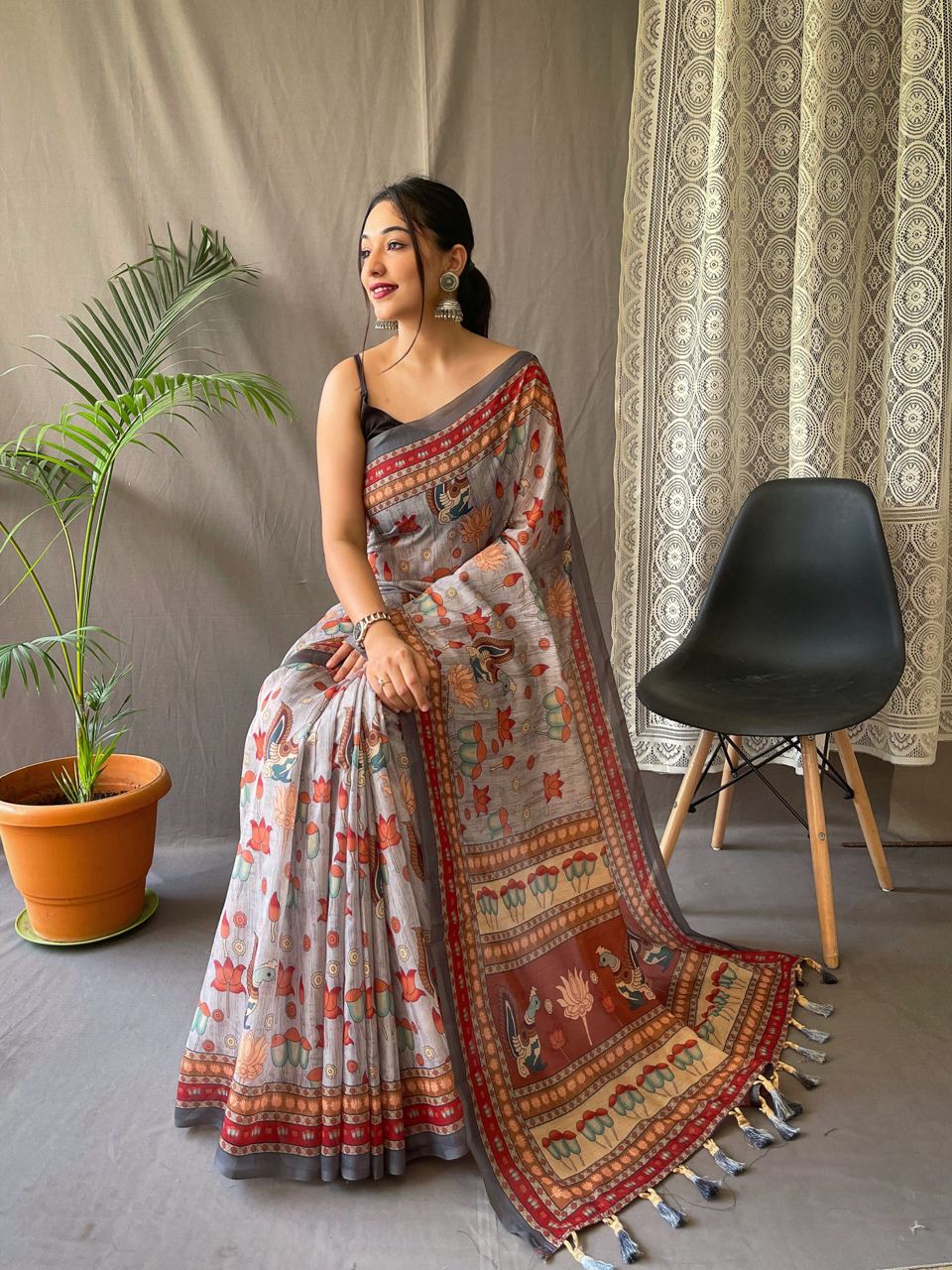 Festival Ready: Orange Pure Malai Cotton Saree with Kalamkari Prints