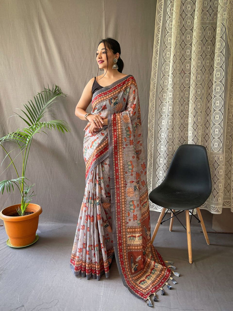 Festival Ready: Orange Pure Malai Cotton Saree with Kalamkari Prints