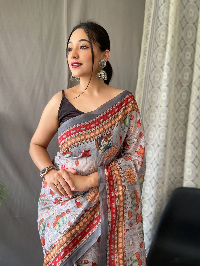 Festival Ready: Orange Pure Malai Cotton Saree with Kalamkari Prints