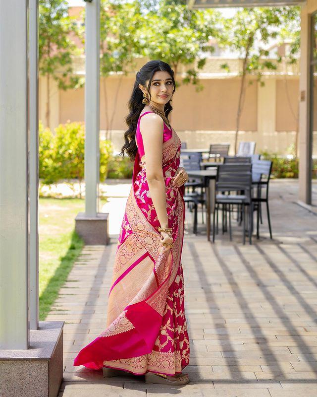 DARK PINK PURE SOFT SEMI-SILK SAREE STYLISH BLOUSE PIECE