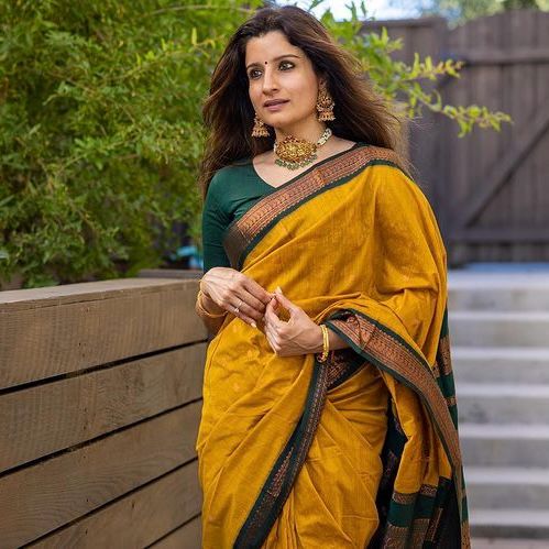 MUSTARD & DARK GREEN COMBINATION PURE SOFT SEMI SILK SAREE WITH ATTRACTIVE BLOUSE PIECE