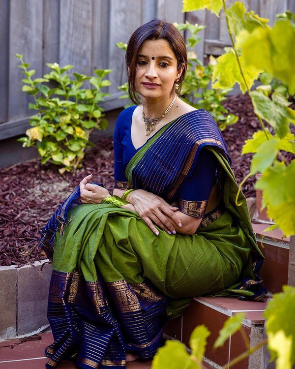 PARROT GREEN WITH ROYAL BLUE COMBINATION PURE SOFT SEMI SILK SAREE WITH ATTRACTIVE BLOUSE PIECE