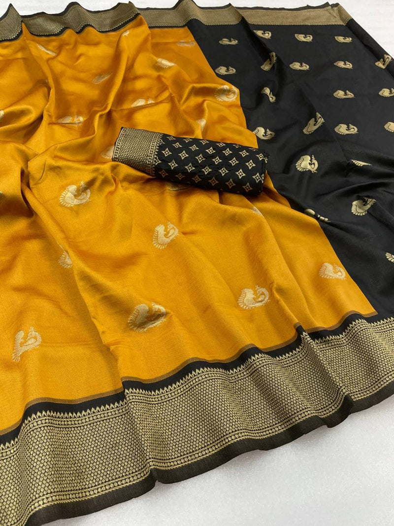 MUSTARD YELLOW WITH BLACK BRODER & BLOUSE WEAVED WITH GOLDEN ZARI