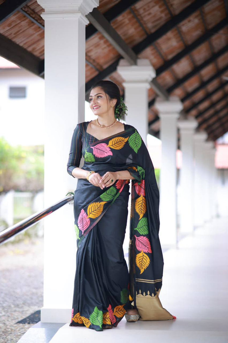 "Elegant Soft Silk Multicolour Leaf Woven Saree with Zari Pallu - Black Beauty"