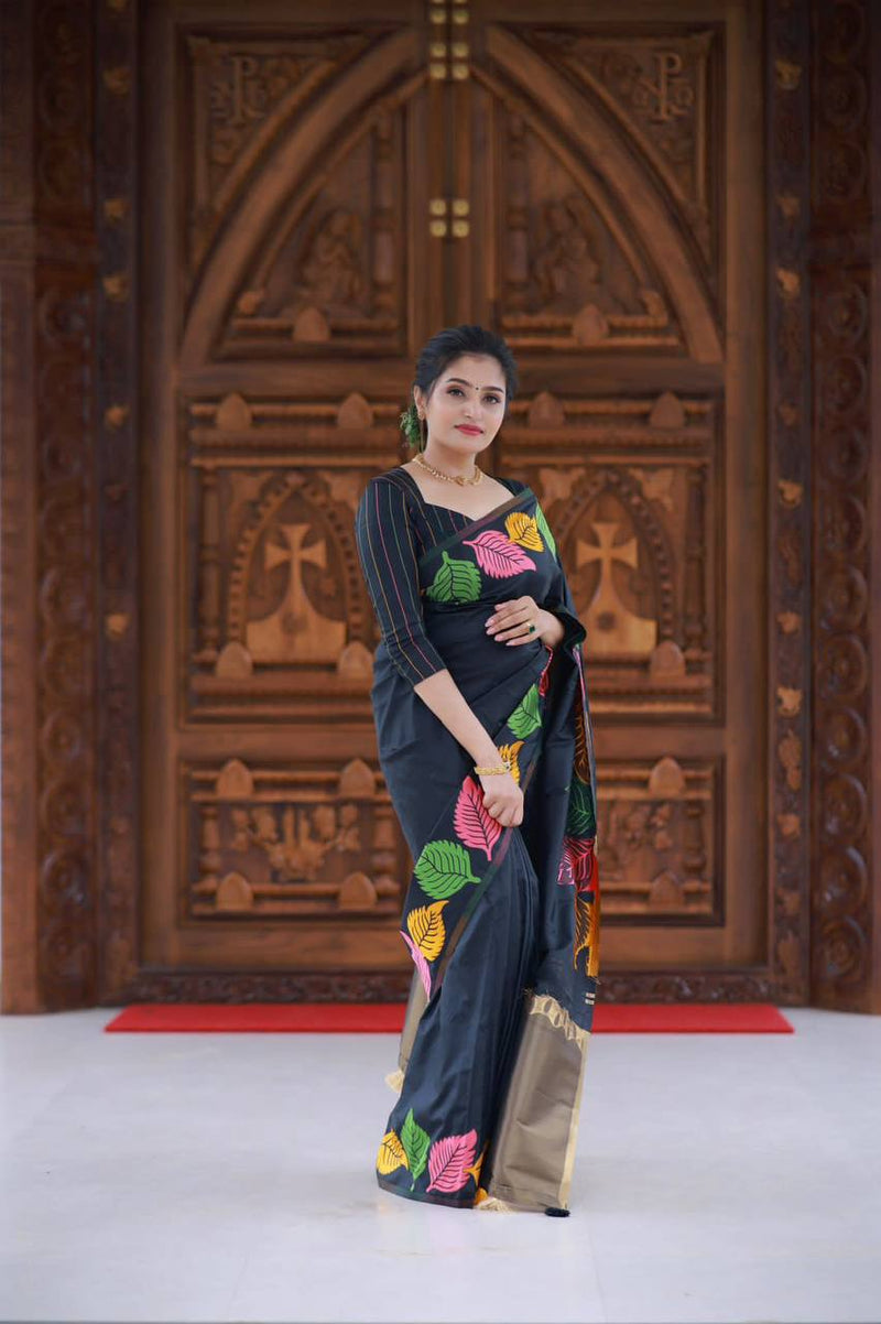 "Elegant Soft Silk Multicolour Leaf Woven Saree with Zari Pallu - Black Beauty"