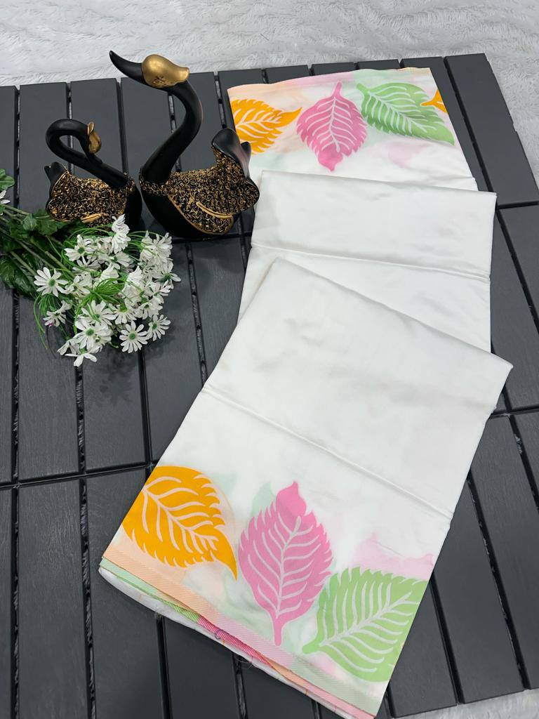 "Elegant Soft Silk Multicolour Leaf Woven Saree with Zari Pallu - Black Beauty"