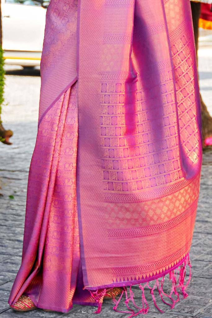 Women's ShreeRang Kanchipuram Banarasi Lichi Kanjivaram Silk Saree With Plain Unstitched Blouse