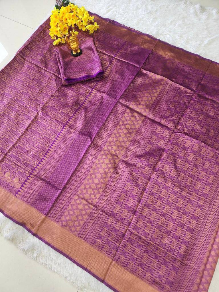 Women's ShreeRang Kanchipuram Banarasi Lichi Kanjivaram Silk Saree With Plain Unstitched Blouse